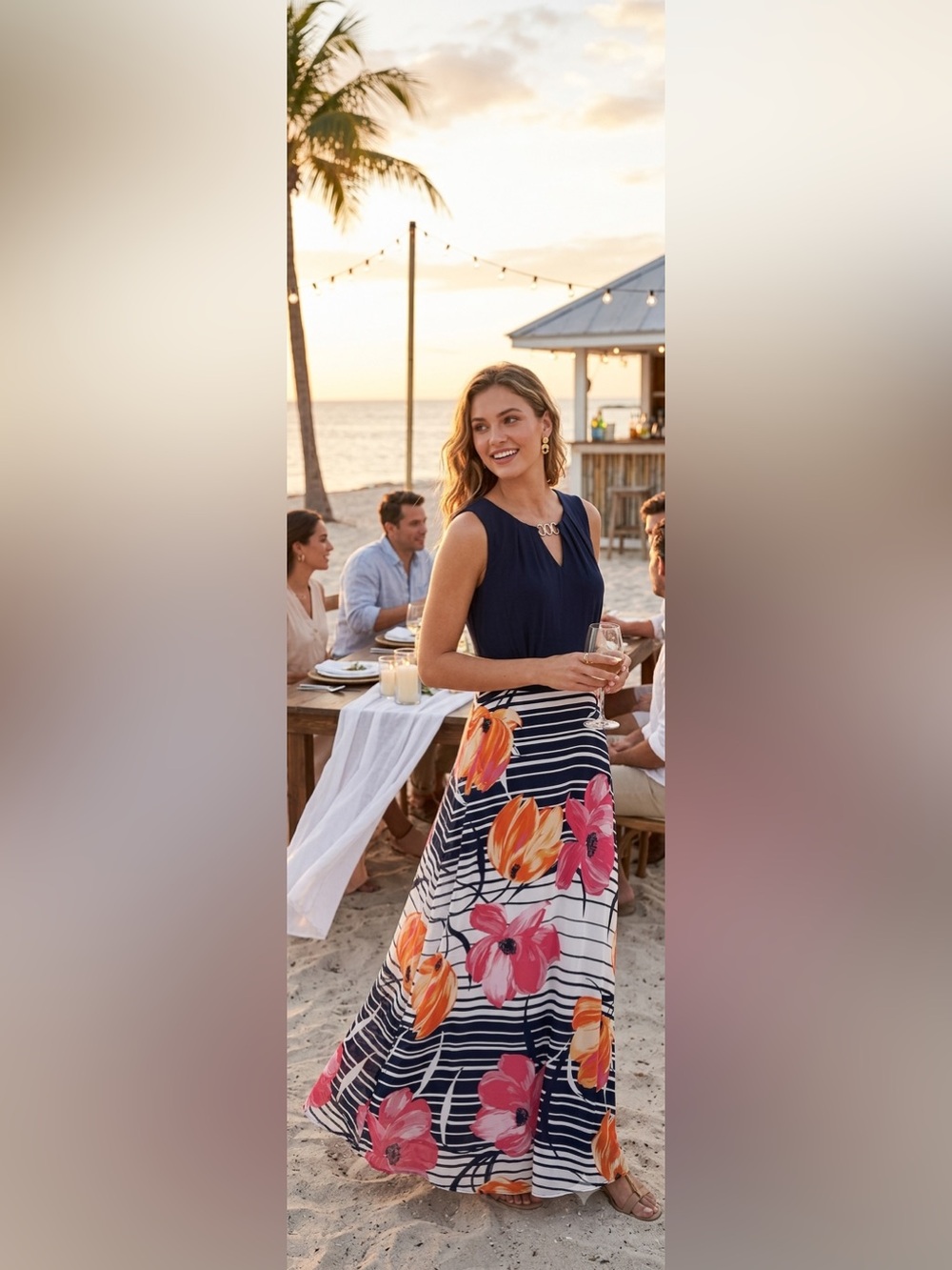 R&K Navy Maxi Dress with Pink & Orange Floral Skirt